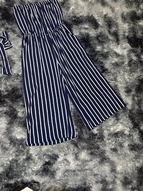 Striped Navy Wide-Leg Strapless Jumpsuit
